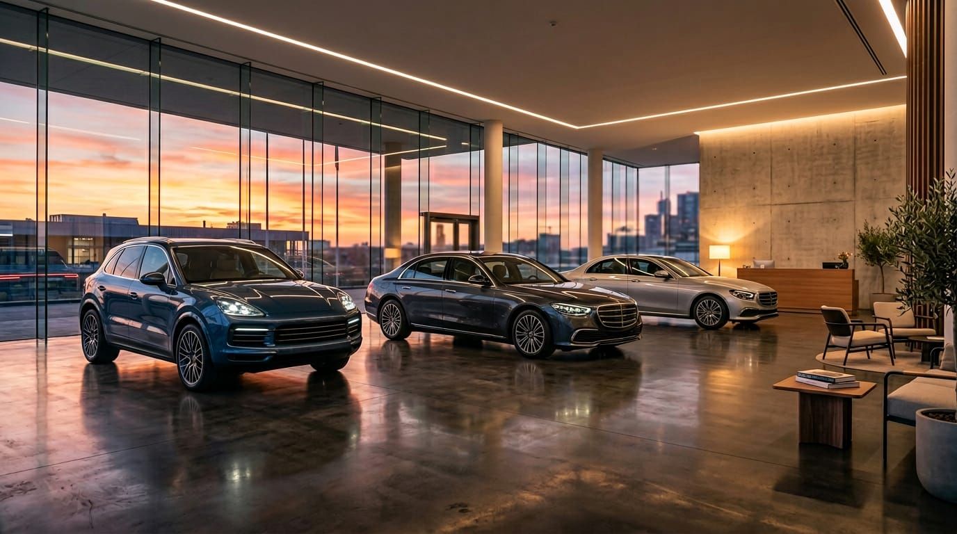Modern automotive dealership showroom at golden hour